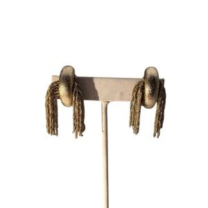 Vintage Signed Bergere Gold Tone Shag Fringe Waterfall Cascade Clip‎ On Earrings